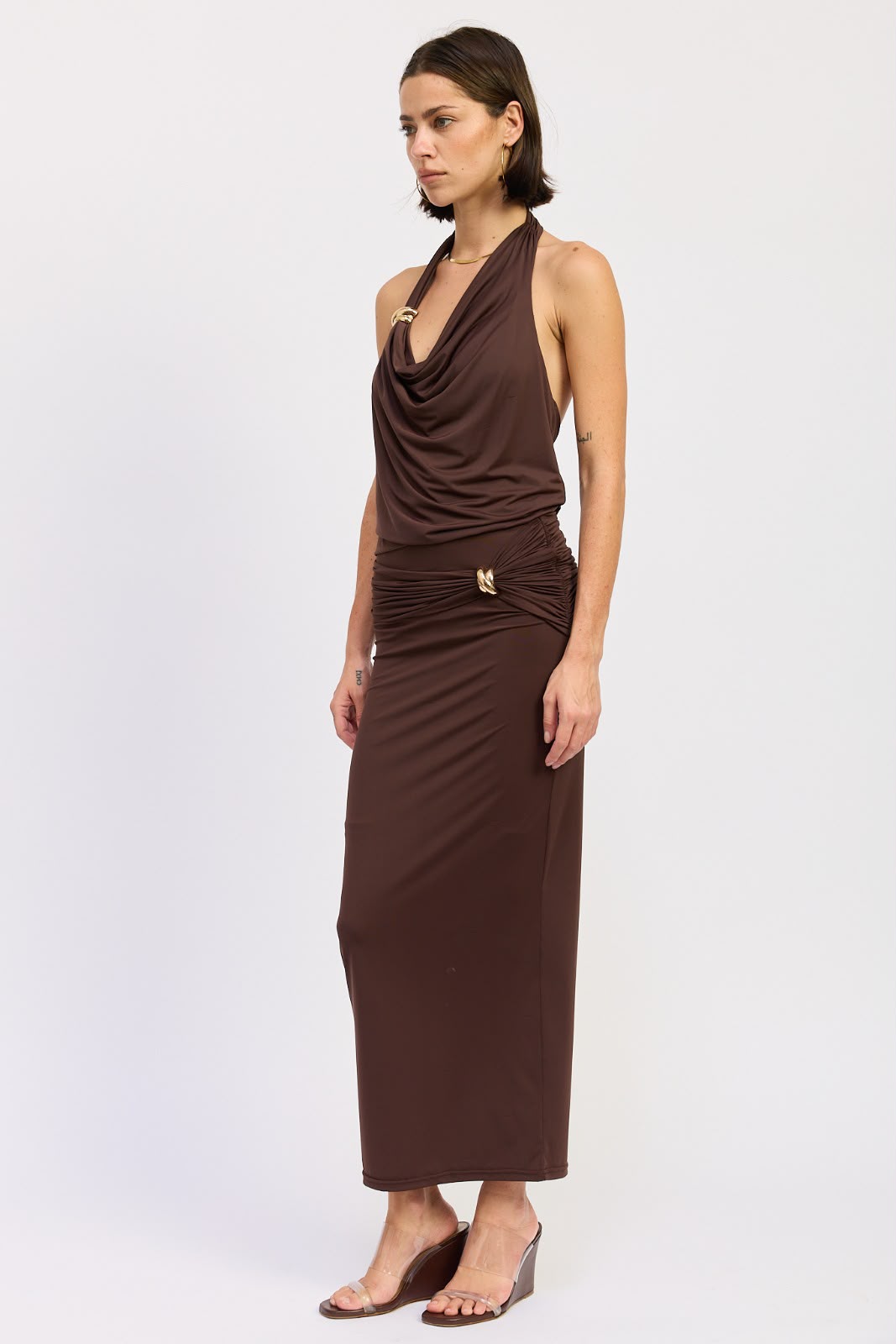 GOLD TRIM COWL DRAPE HELTER TOP